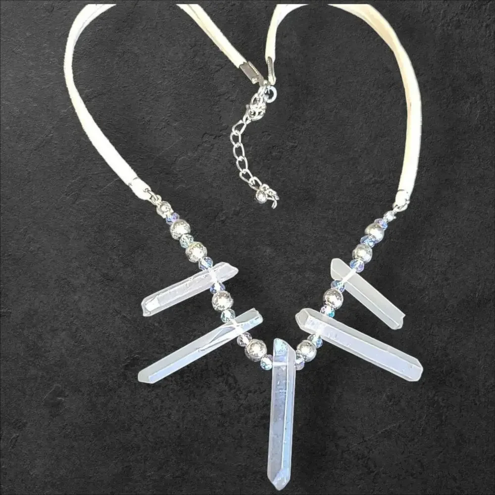 Blue Crystals Beige Faux Leather Statement Necklace 16